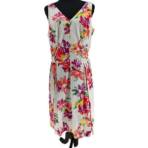 Chaps Woman's White Floral Summer Fit&Flare Dress Size 10 Back Zip Bodice Lined